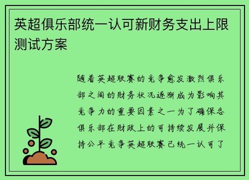 英超俱乐部统一认可新财务支出上限测试方案